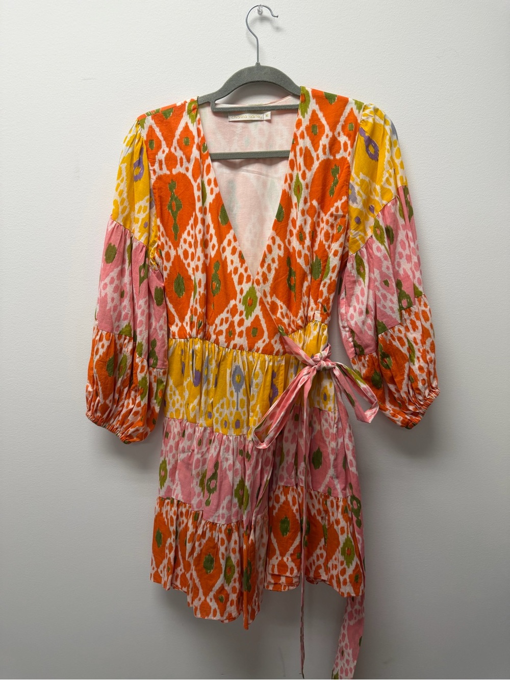 Vibrant Multicolor Ikat Wrap Dress - Pink, Orange & Yellow